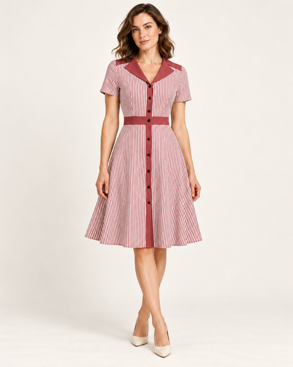 Women's Striped V-Neck A-Line Dress — Pink — front view