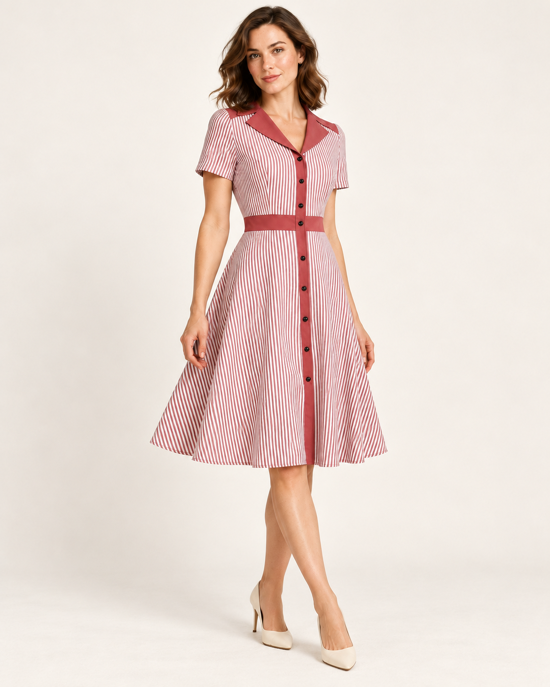 Women's Striped V-Neck A-Line Dress — Pink — three quarter view