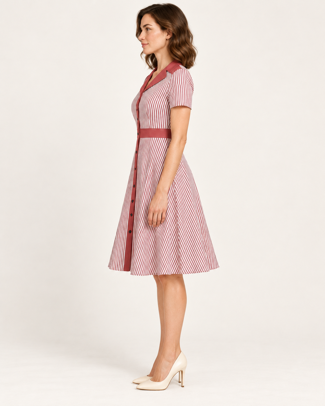 Women's Striped V-Neck A-Line Dress — Pink — side view