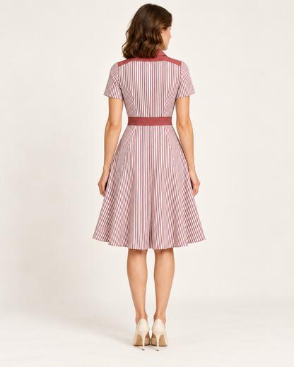 Women's Striped V-Neck A-Line Dress — Pink — back view