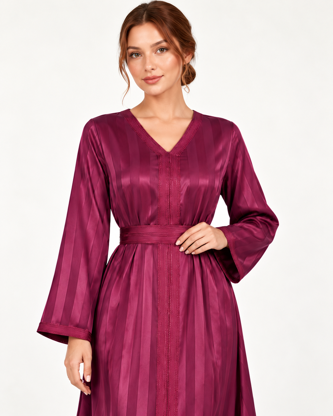 AI-generated V-neck, sash, and stripe detail of Women's V-Neck Long Sleeve Dress