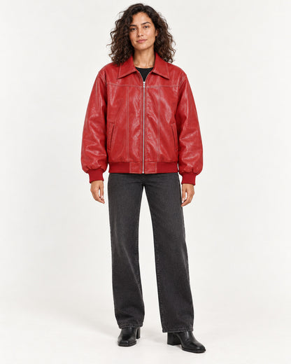 Red Women's Textured Moto Jacket — full-length front view