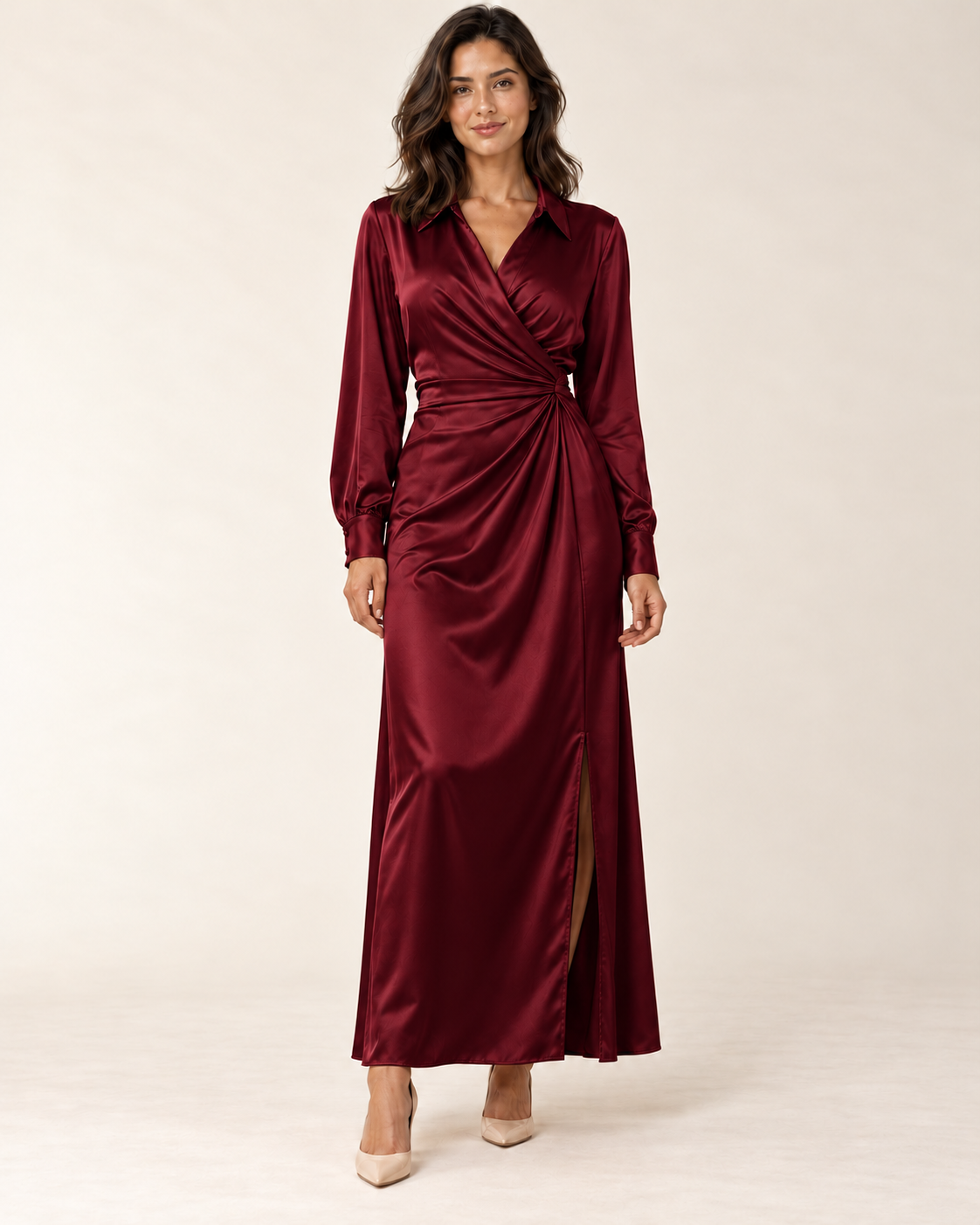 Women's Long Sleeve Side-Slit Maxi Dress — Red — front view