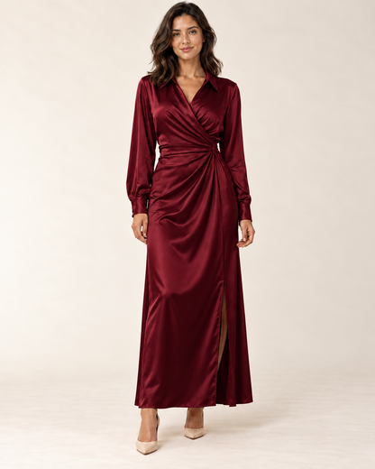 Women's Long Sleeve Side-Slit Maxi Dress — Red — front view