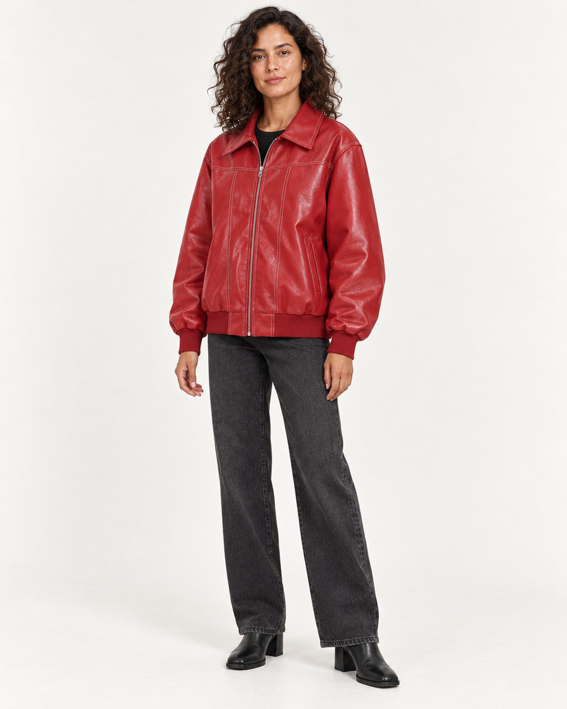 Red Women's Textured Moto Jacket — full-length three-quarter view
