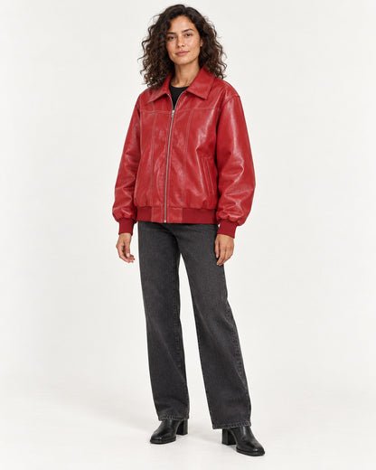 Red Women's Textured Moto Jacket — full-length three-quarter view