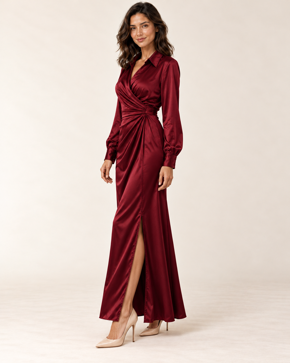 Women's Long Sleeve Side-Slit Maxi Dress — Red — three quarter view
