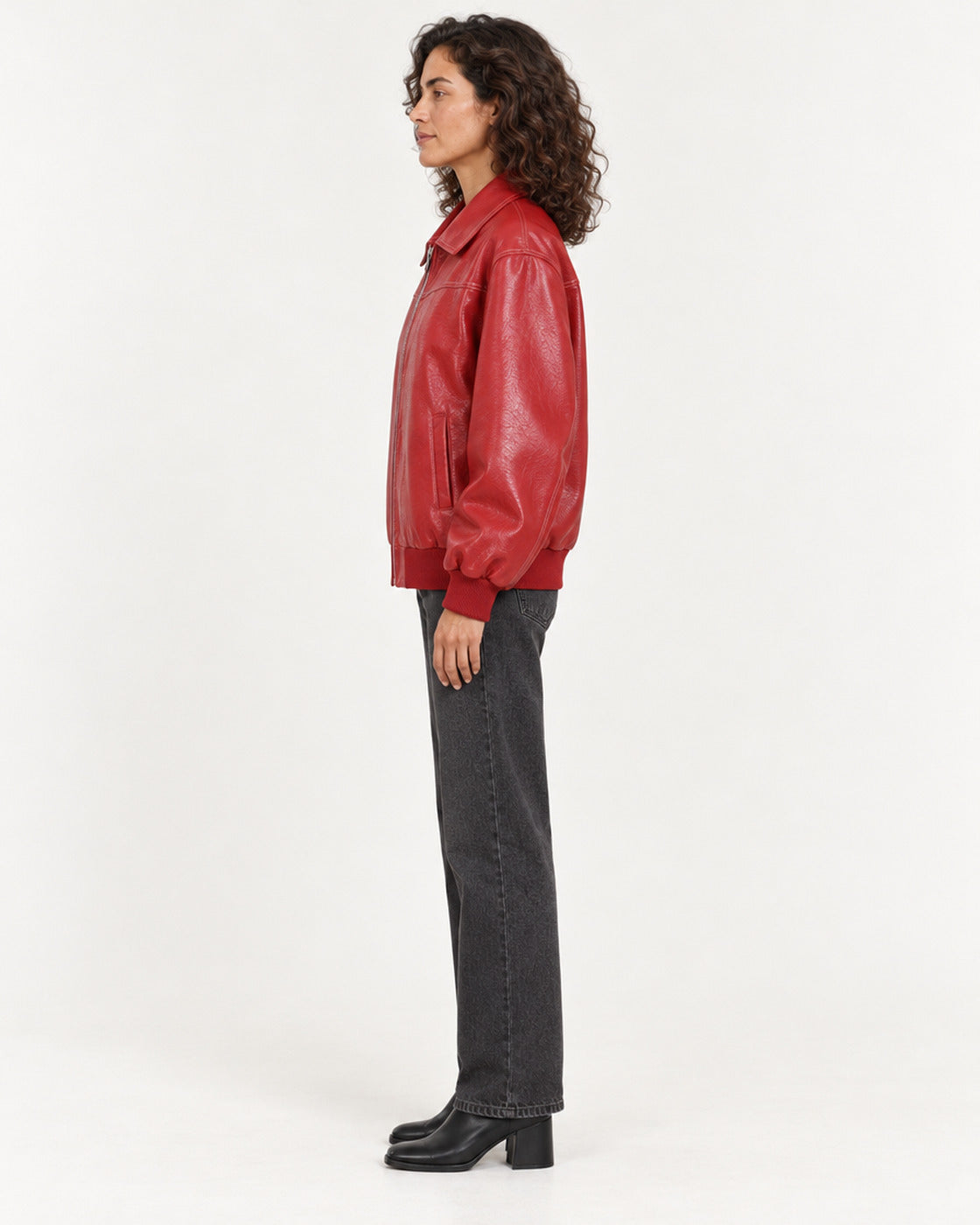 Red Women's Textured Moto Jacket — full-length side view