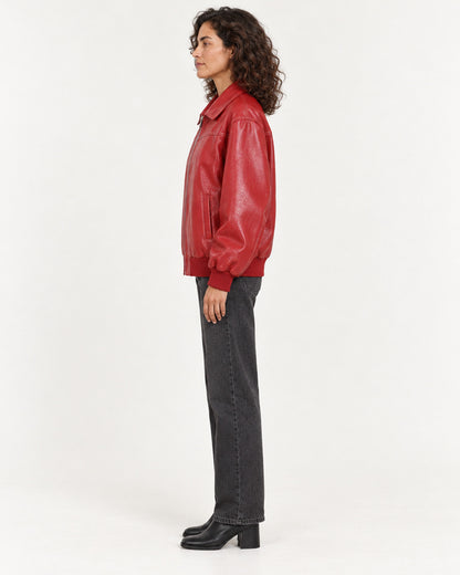 Red Women's Textured Moto Jacket — full-length side view