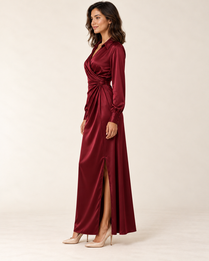 Women's Long Sleeve Side-Slit Maxi Dress — Red — side view