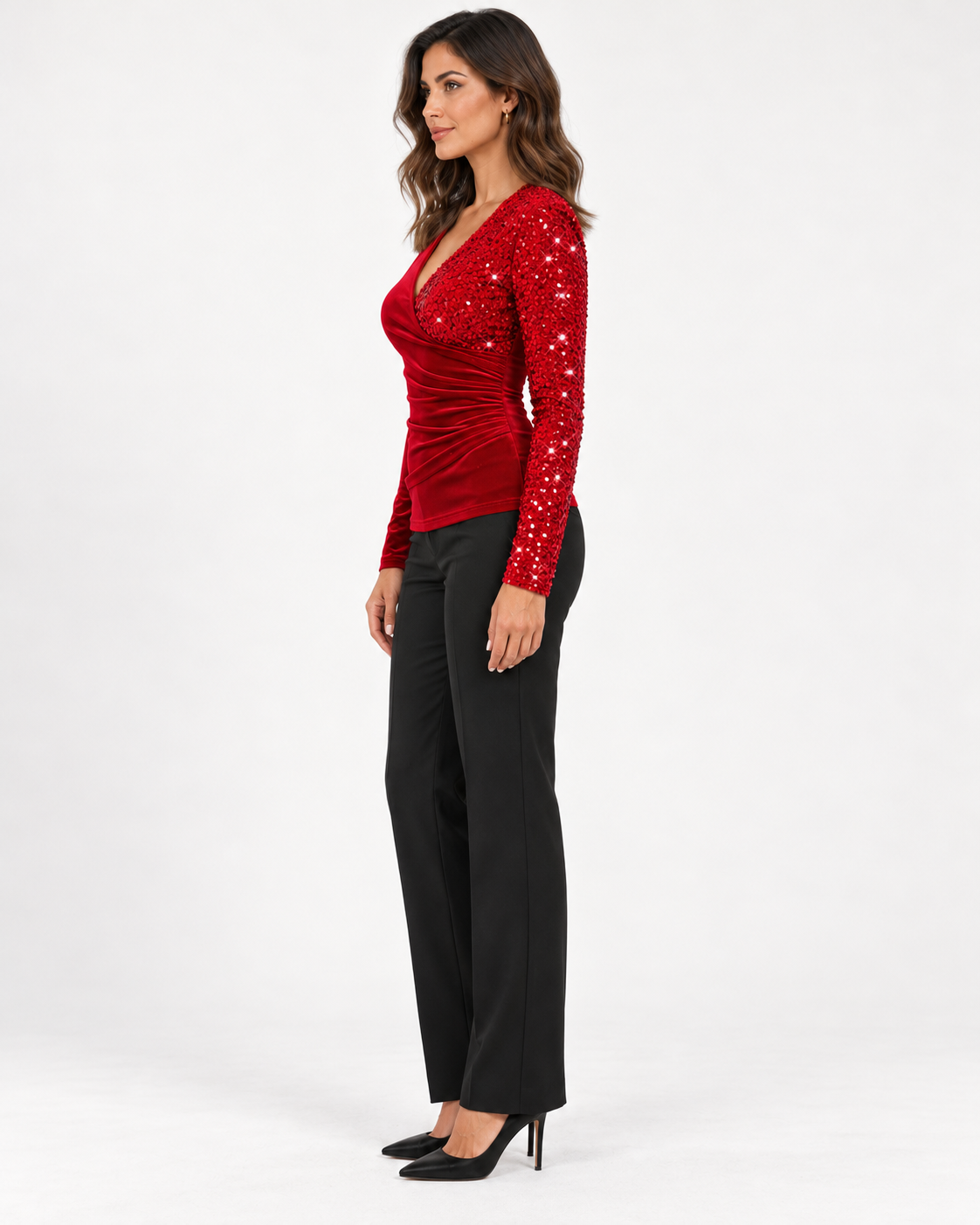 Women's V-Neck Sequin-Detail Long Sleeve Top - red - side