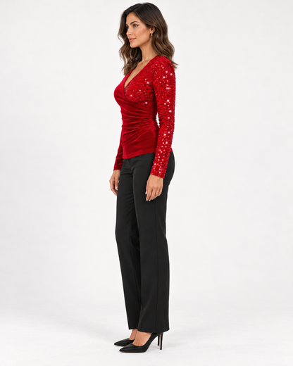 Women's V-Neck Sequin-Detail Long Sleeve Top - red - side