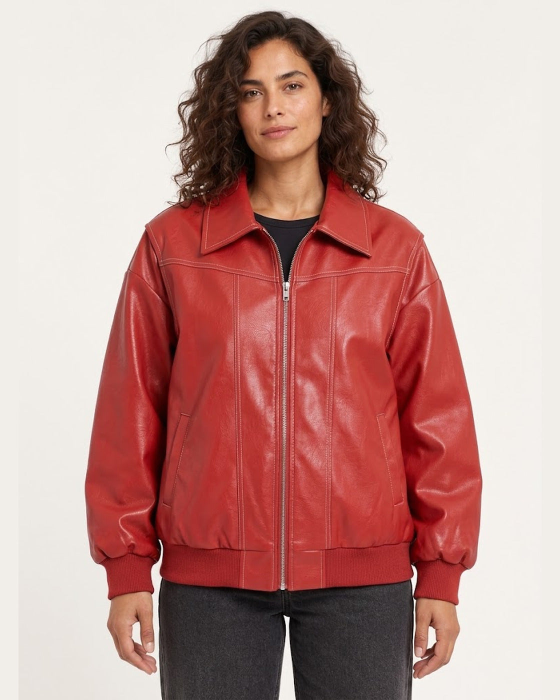 Red Women's Textured Moto Jacket — garment detail close-up