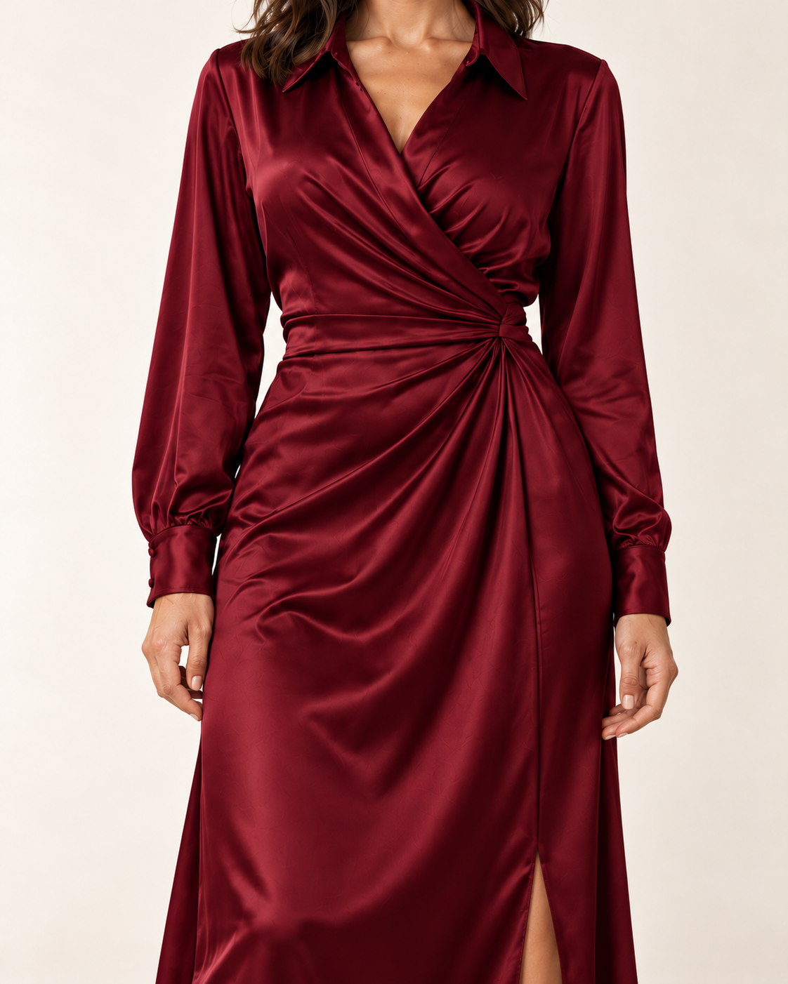Women's Long Sleeve Side-Slit Maxi Dress — Red — detail view