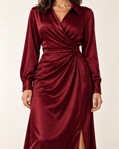 Women's Long Sleeve Side-Slit Maxi Dress — Red — detail view