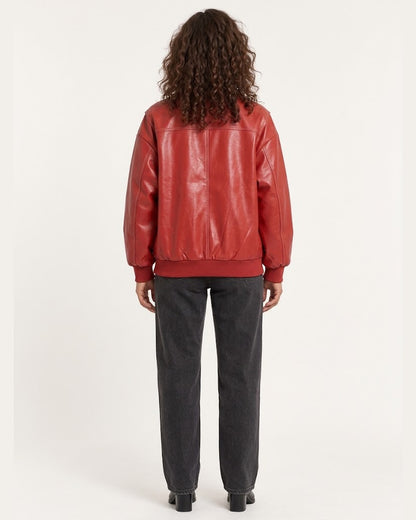 Red Women's Textured Moto Jacket — full-length back view