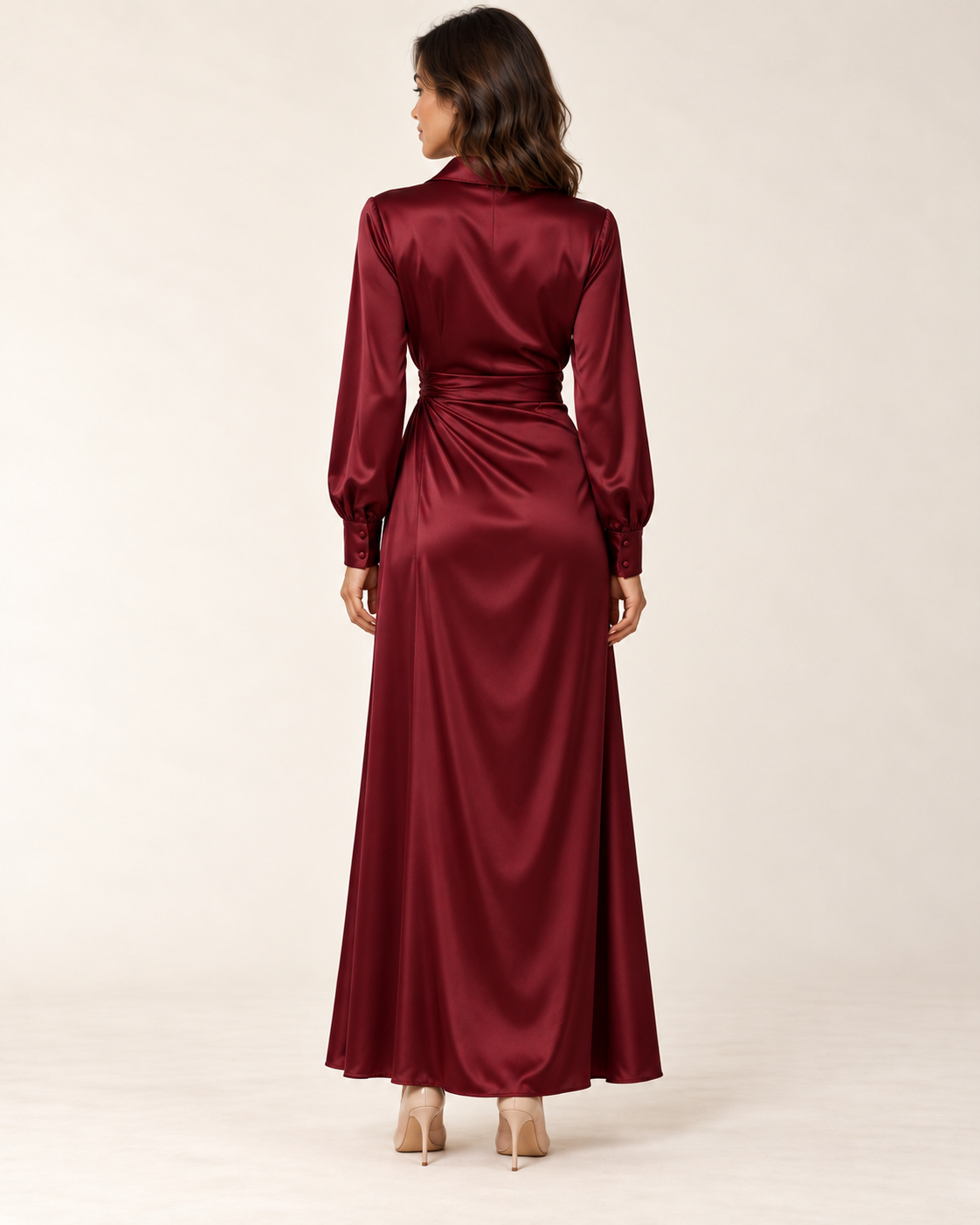 Women's Long Sleeve Side-Slit Maxi Dress — Red — back view