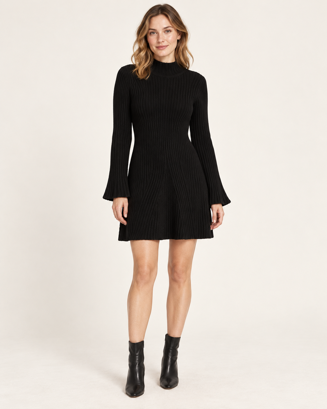 Women's Stand-Collar A-Line Sweater Dress — Black — front