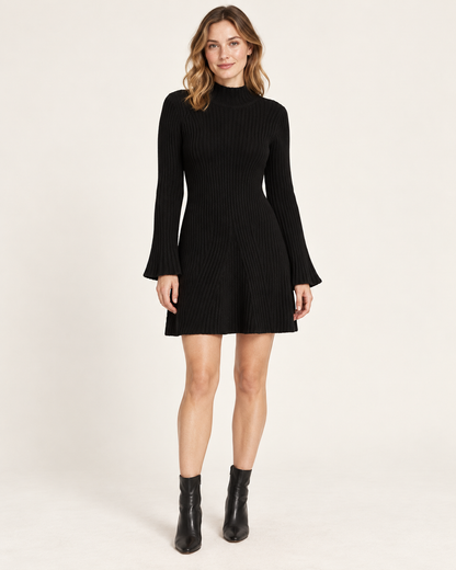 Women's Stand-Collar A-Line Sweater Dress — Black — front
