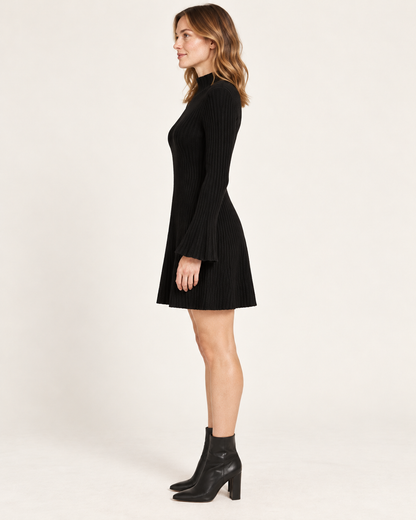 Women's Stand-Collar A-Line Sweater Dress — Black — side profile