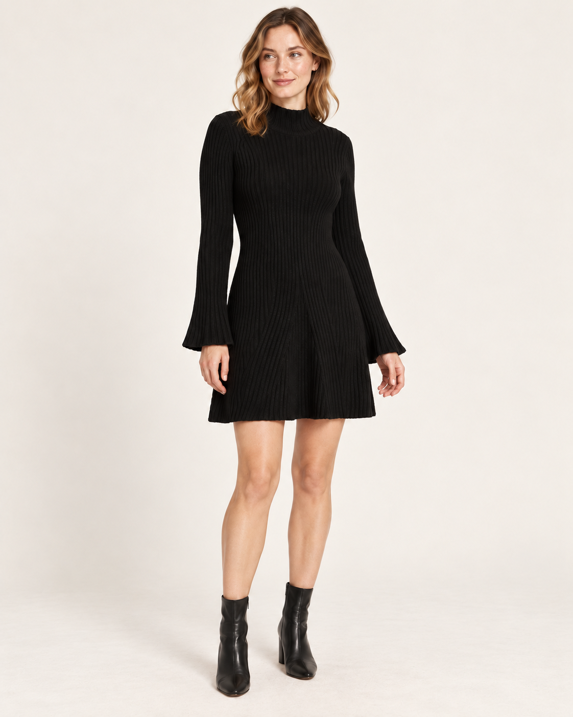 Women's Stand-Collar A-Line Sweater Dress — Black — three-quarter view
