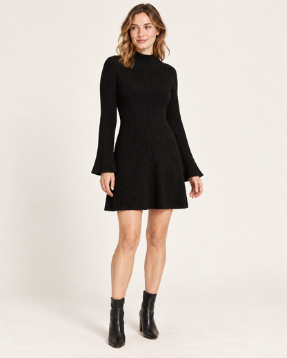Women's Stand-Collar A-Line Sweater Dress — Black — three-quarter view