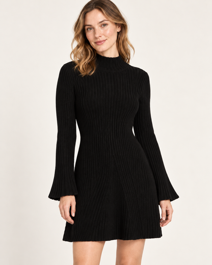 Women's Stand-Collar A-Line Sweater Dress — Black — ribbed knit detail