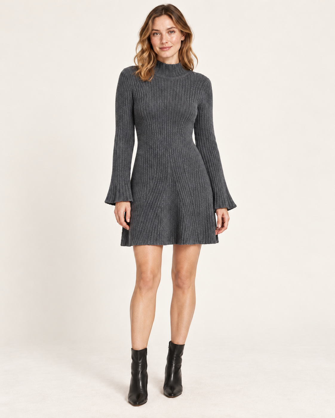 Women's Stand-Collar A-Line Sweater Dress — Gray — front