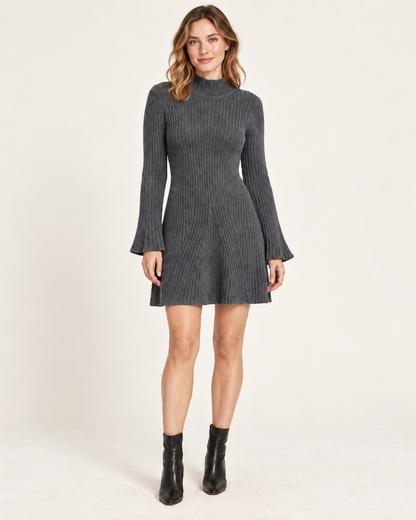 Women's Stand-Collar A-Line Sweater Dress — Gray — front