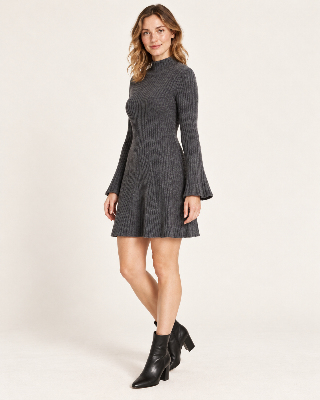 Women's Stand-Collar A-Line Sweater Dress — Gray — three-quarter view