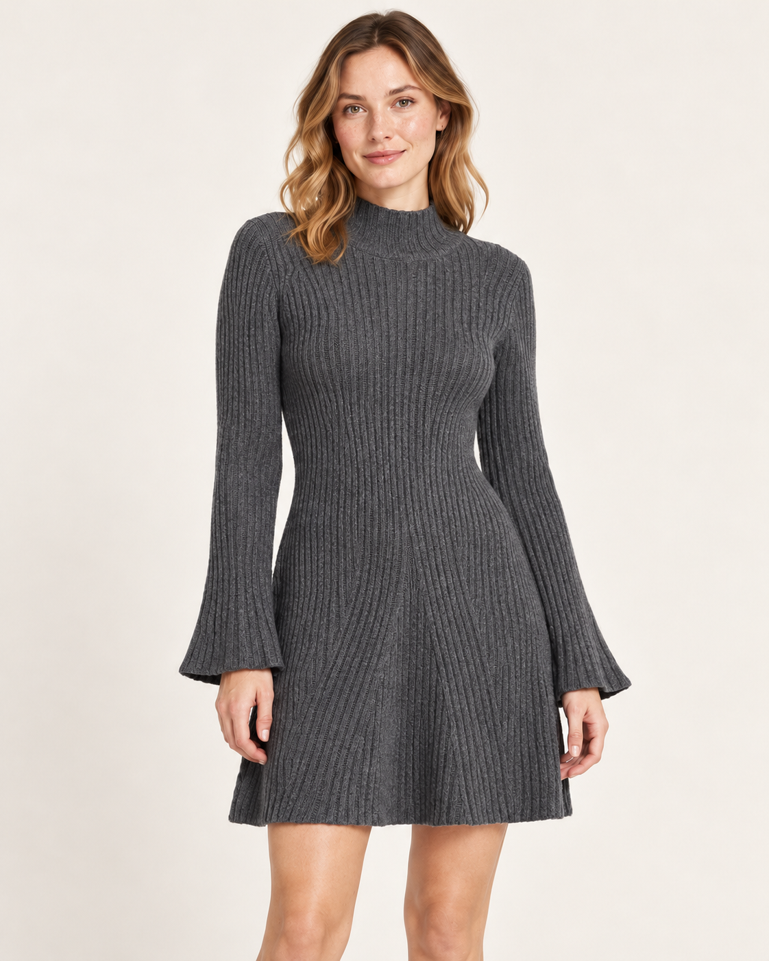 Women's Stand-Collar A-Line Sweater Dress — Gray — ribbed knit detail