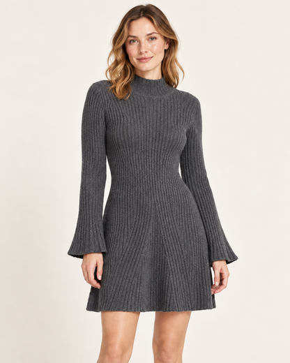 Women's Stand-Collar A-Line Sweater Dress — Gray — ribbed knit detail