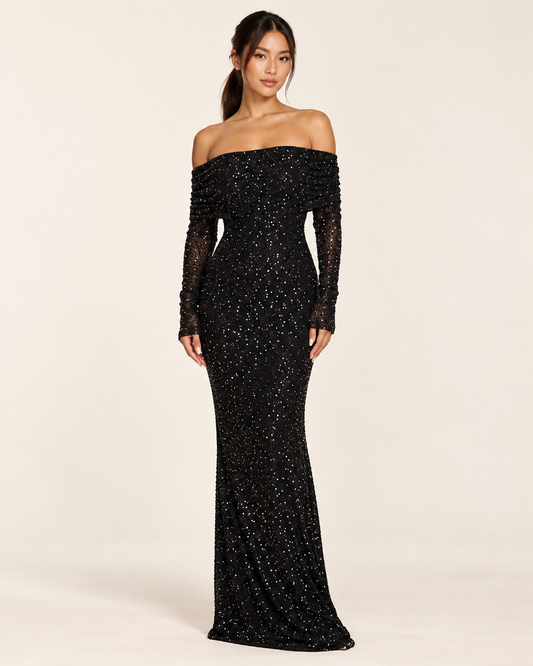 Women's Black Off-Shoulder Sequin Dress — Black — Front