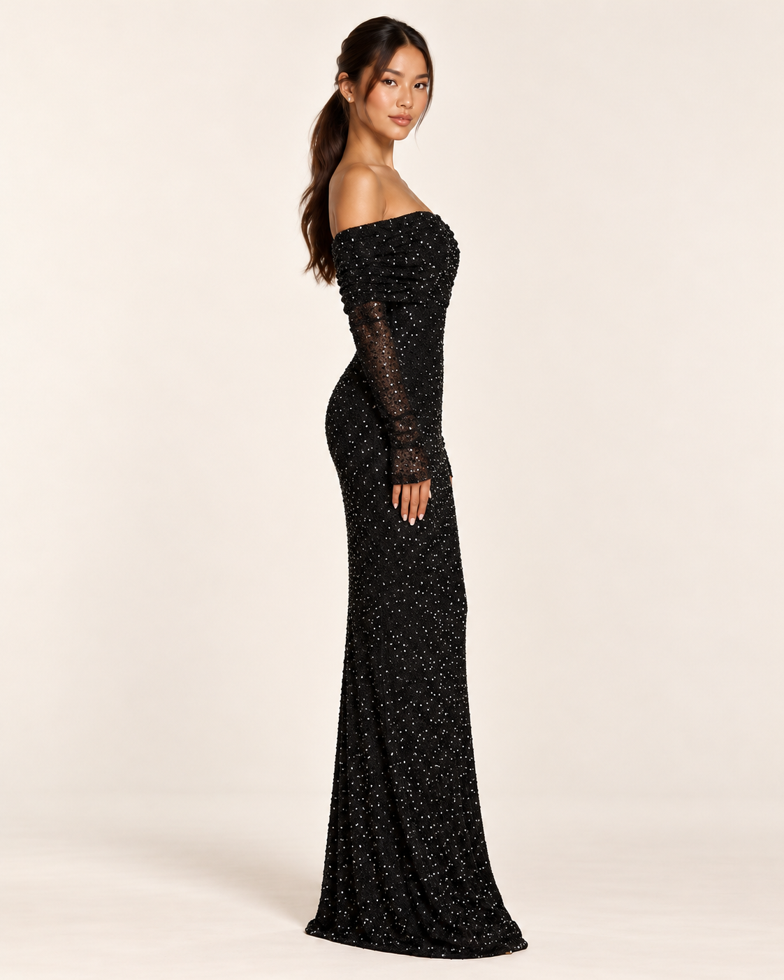Women's Black Off-Shoulder Sequin Dress — Black — Side