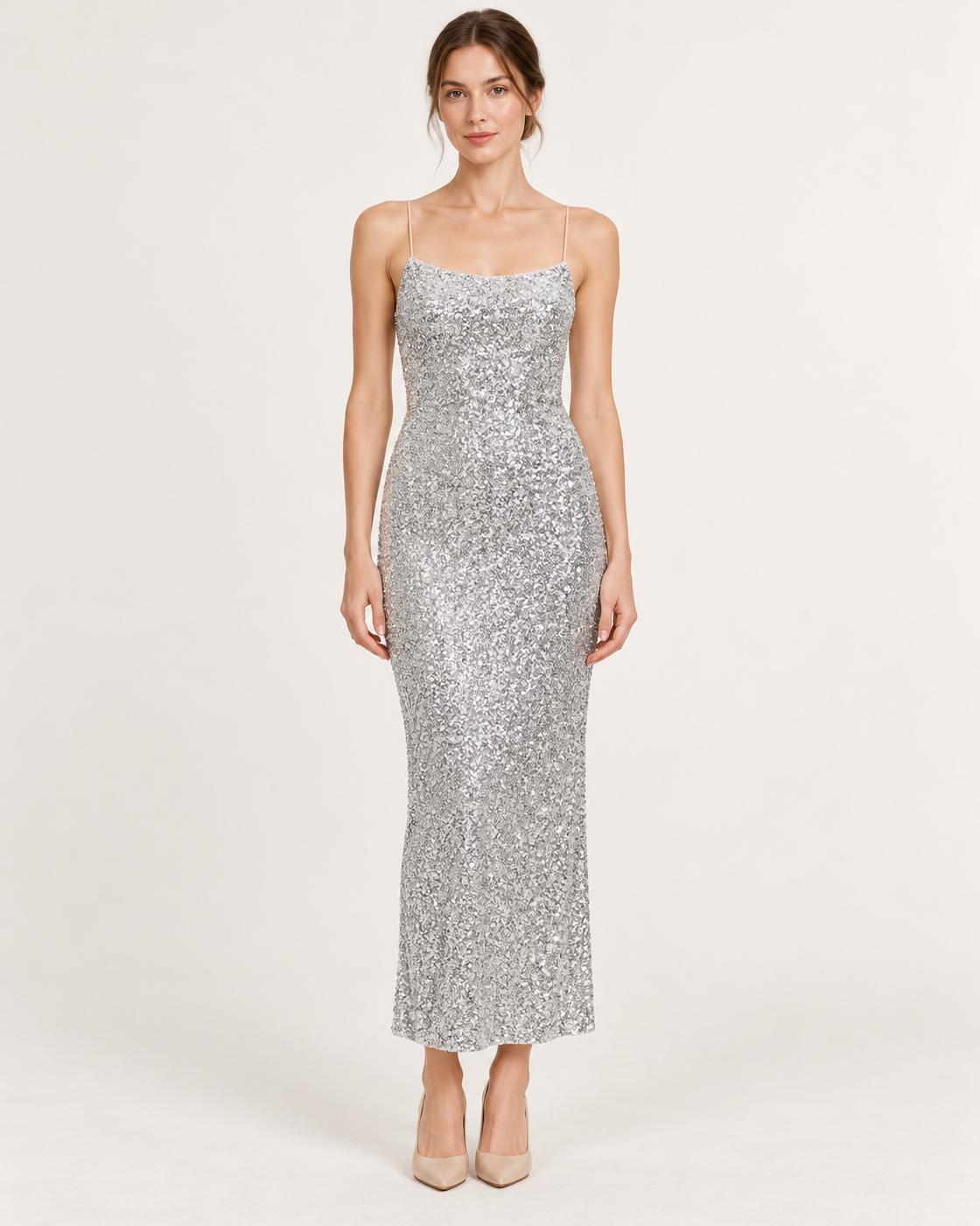 Front view — Silver Gray Beaded Sequin Sleeveless Midi Dress