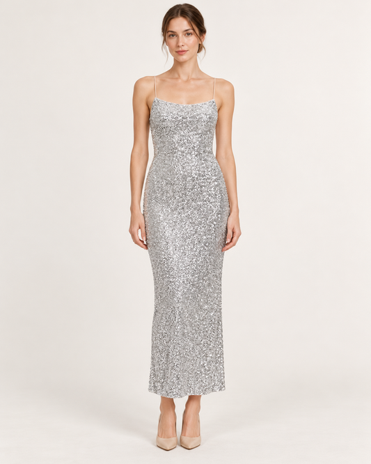 Front view — Silver Gray Beaded Sequin Sleeveless Midi Dress