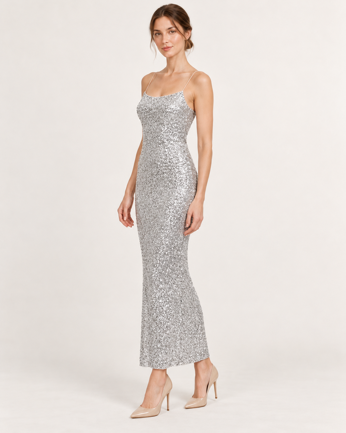 Three-quarter view — Silver Gray Beaded Sequin Sleeveless Midi Dress