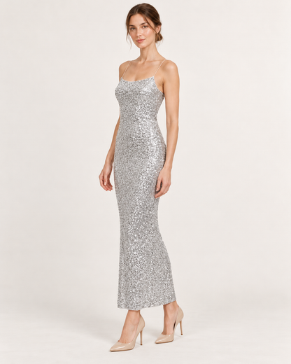 Three-quarter view — Silver Gray Beaded Sequin Sleeveless Midi Dress