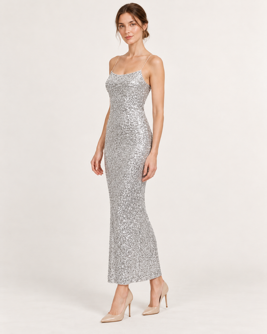Three-quarter view — Silver Gray Beaded Sequin Sleeveless Midi Dress