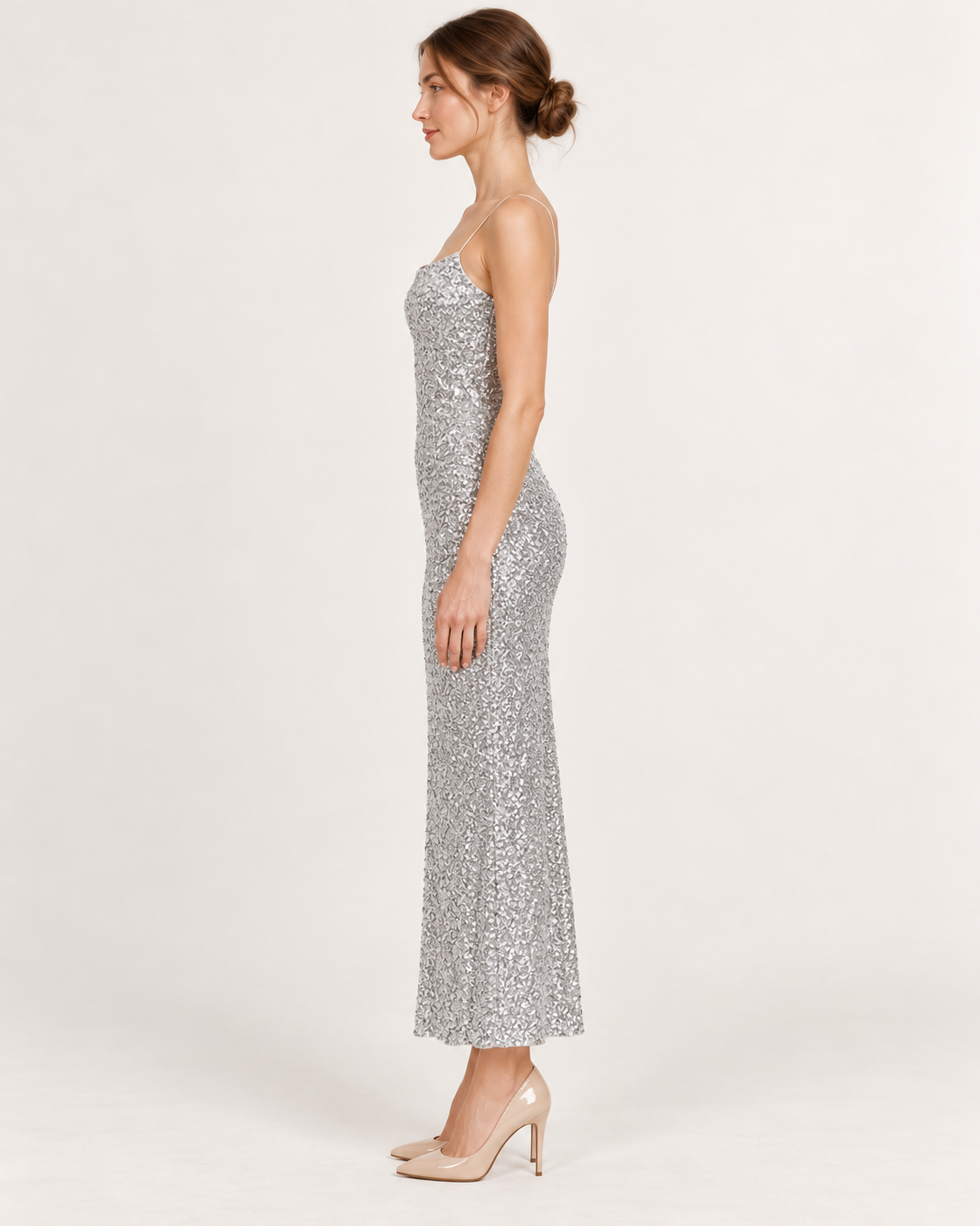 Side view — Silver Gray Beaded Sequin Sleeveless Midi Dress