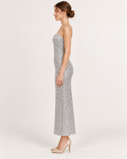 Side view — Silver Gray Beaded Sequin Sleeveless Midi Dress