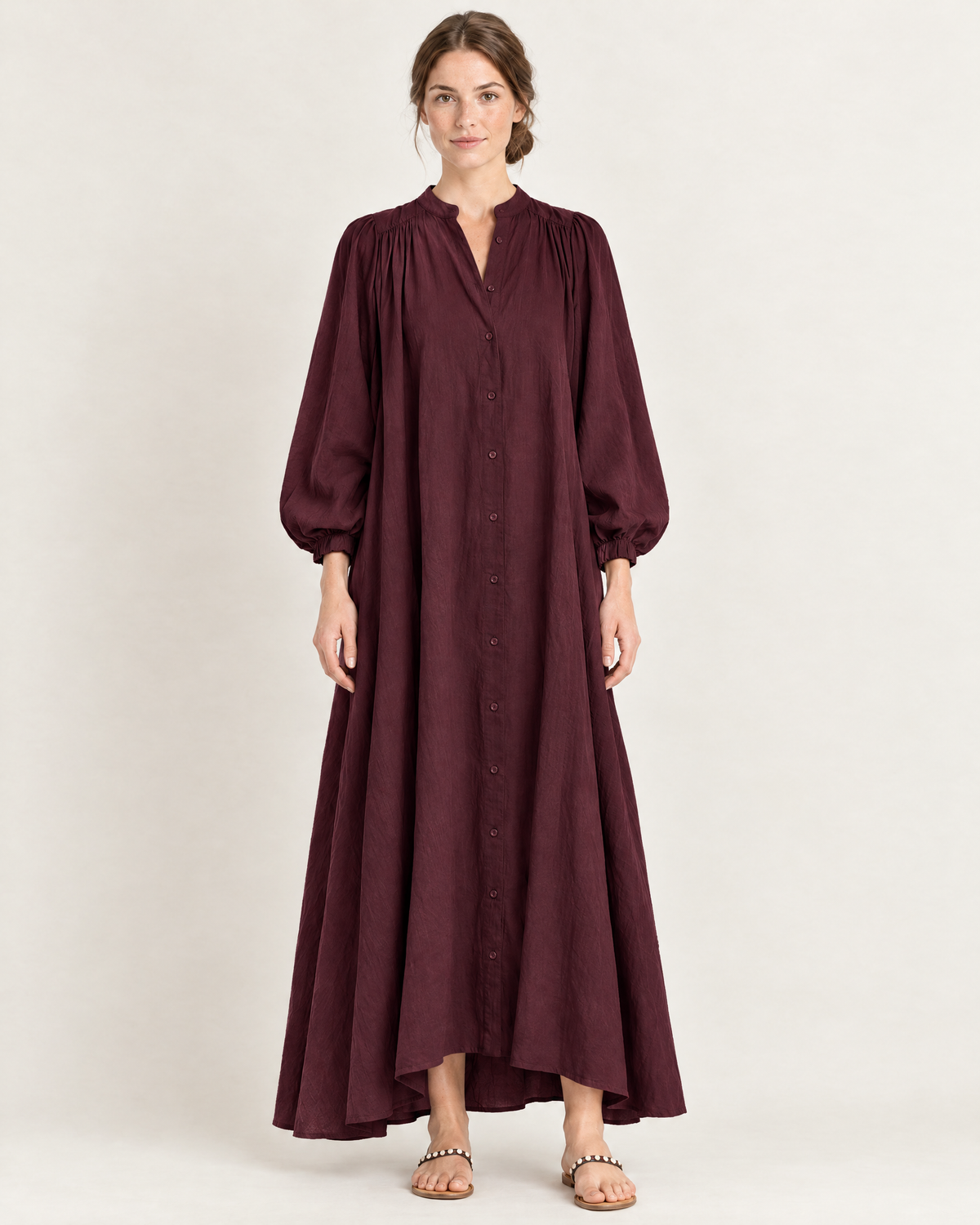 Women's Stand Collar Puff Sleeve Swing Dress — Blue — Front view