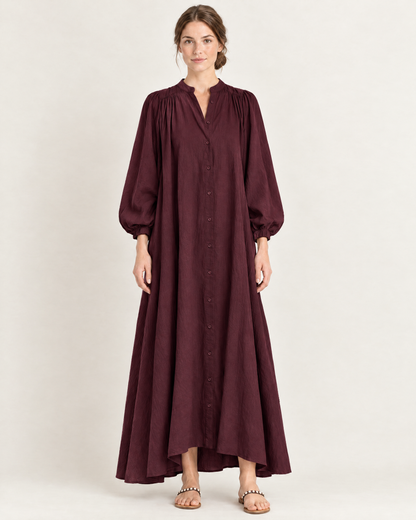Women's Stand Collar Puff Sleeve Swing Dress — Blue — Front view