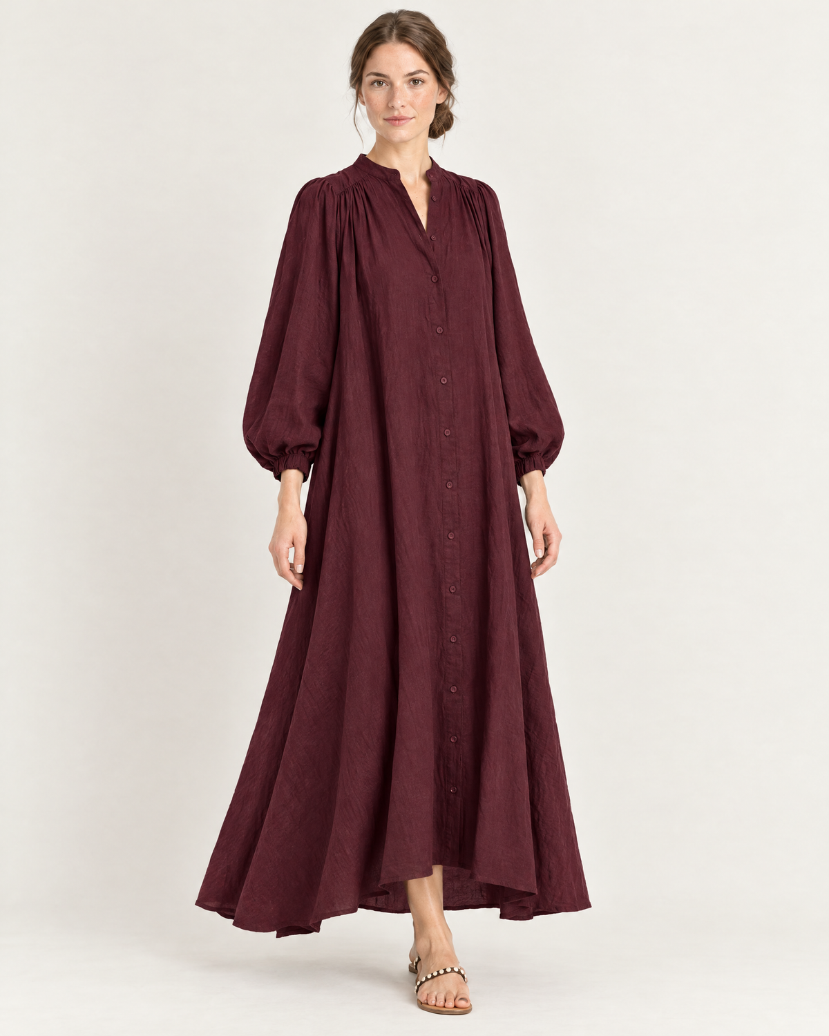 Women's Stand Collar Puff Sleeve Swing Dress — Blue — Three-quarter view