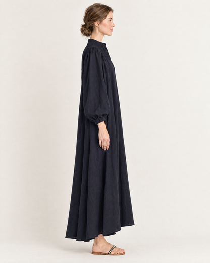 Women's Stand Collar Puff Sleeve Swing Dress — Blue — Side view