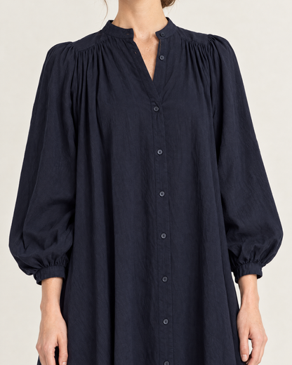 Women's Stand Collar Puff Sleeve Swing Dress — Blue — Garment detail