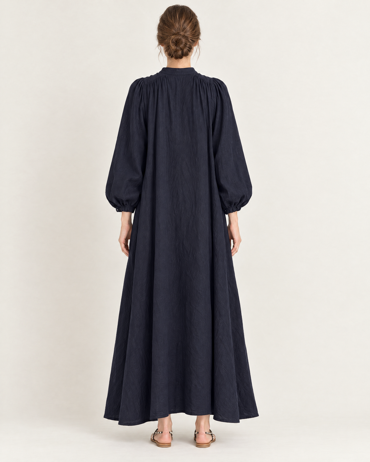 Women's Stand Collar Puff Sleeve Swing Dress — Blue — Back view
