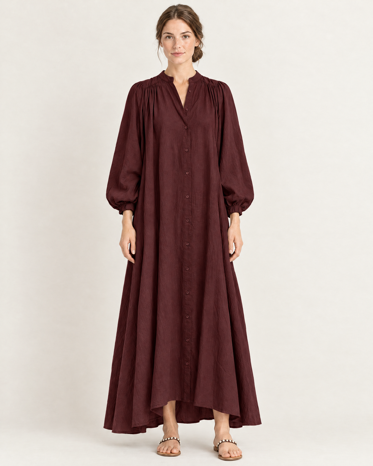 Women's Stand Collar Puff Sleeve Swing Dress — Red — Front view