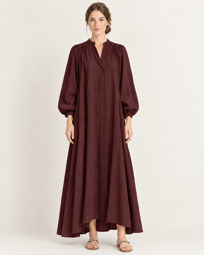 Women's Stand Collar Puff Sleeve Swing Dress — Red — Front view