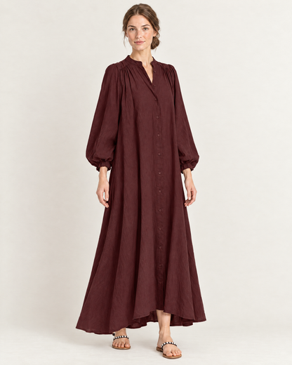 Women's Stand Collar Puff Sleeve Swing Dress — Red — Three-quarter view